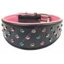 Genuine Leather Dog Collar with Diamante: Black Lined with Soft pink leather 